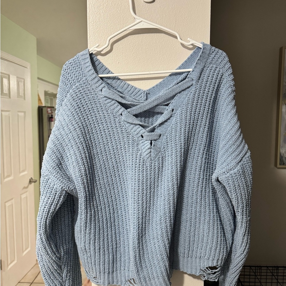 Women's Blue Sweater with Lace-Up Detail